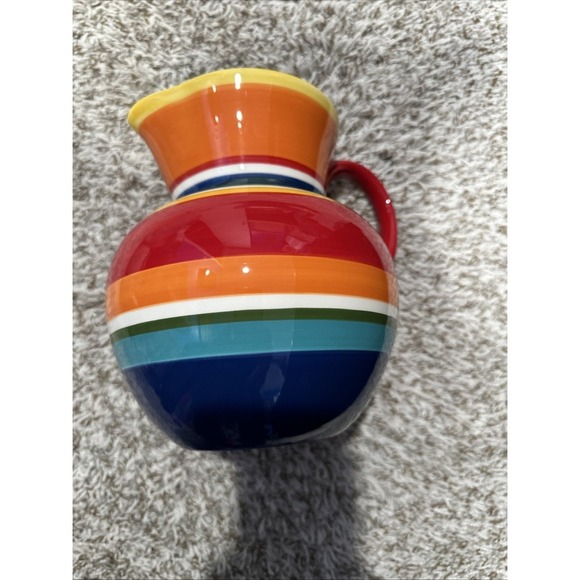 Pier 1 Imports Summer Stripes Pitcher 8" Multicolor Red Orange Yellow Pottery - Picture 1 of 5